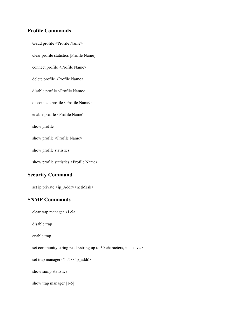 Profile commands, Security command, Snmp commands | Atlantis Land Mistral Lan Router ISDN User Manual | Page 10 / 48