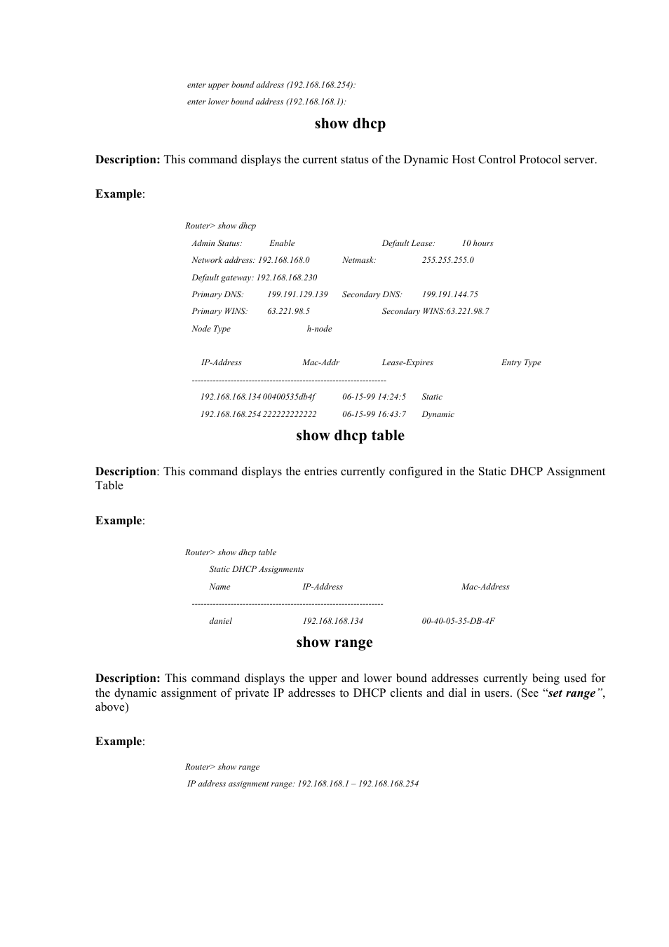 Show dhcp, Show dhcp table, Show range | Atlantis Land Mistral Lan Router ISDN User Manual | Page 18 / 48
