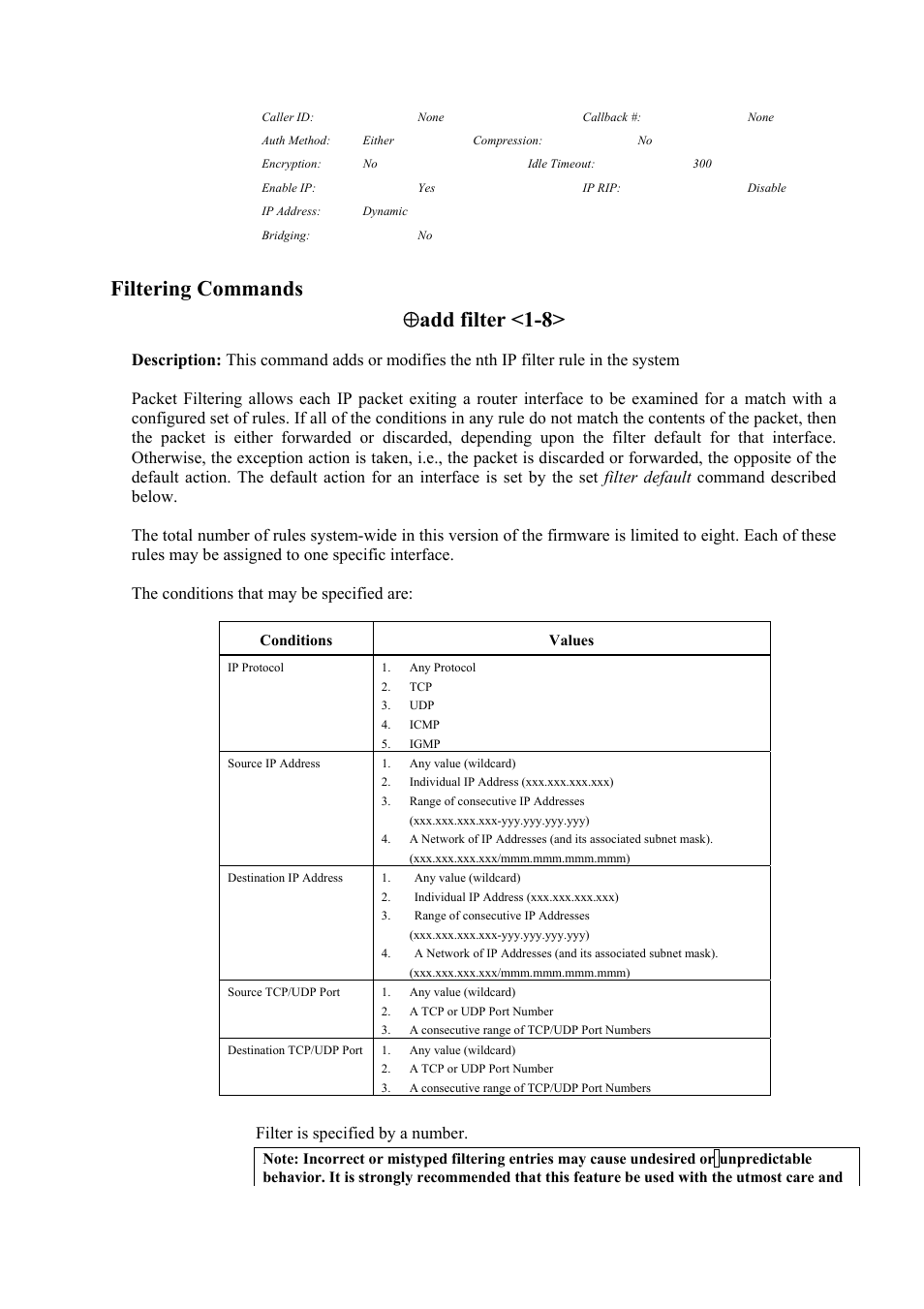 Filtering commands ⊕ add filter <1-8, Filter is specified by a number | Atlantis Land Mistral Lan Router ISDN User Manual | Page 22 / 48