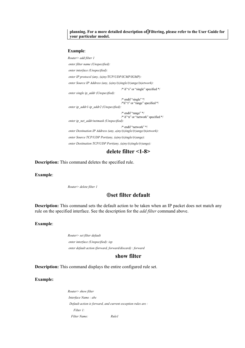 Delete filter <1-8, Set filter default, Show filter | Atlantis Land Mistral Lan Router ISDN User Manual | Page 23 / 48