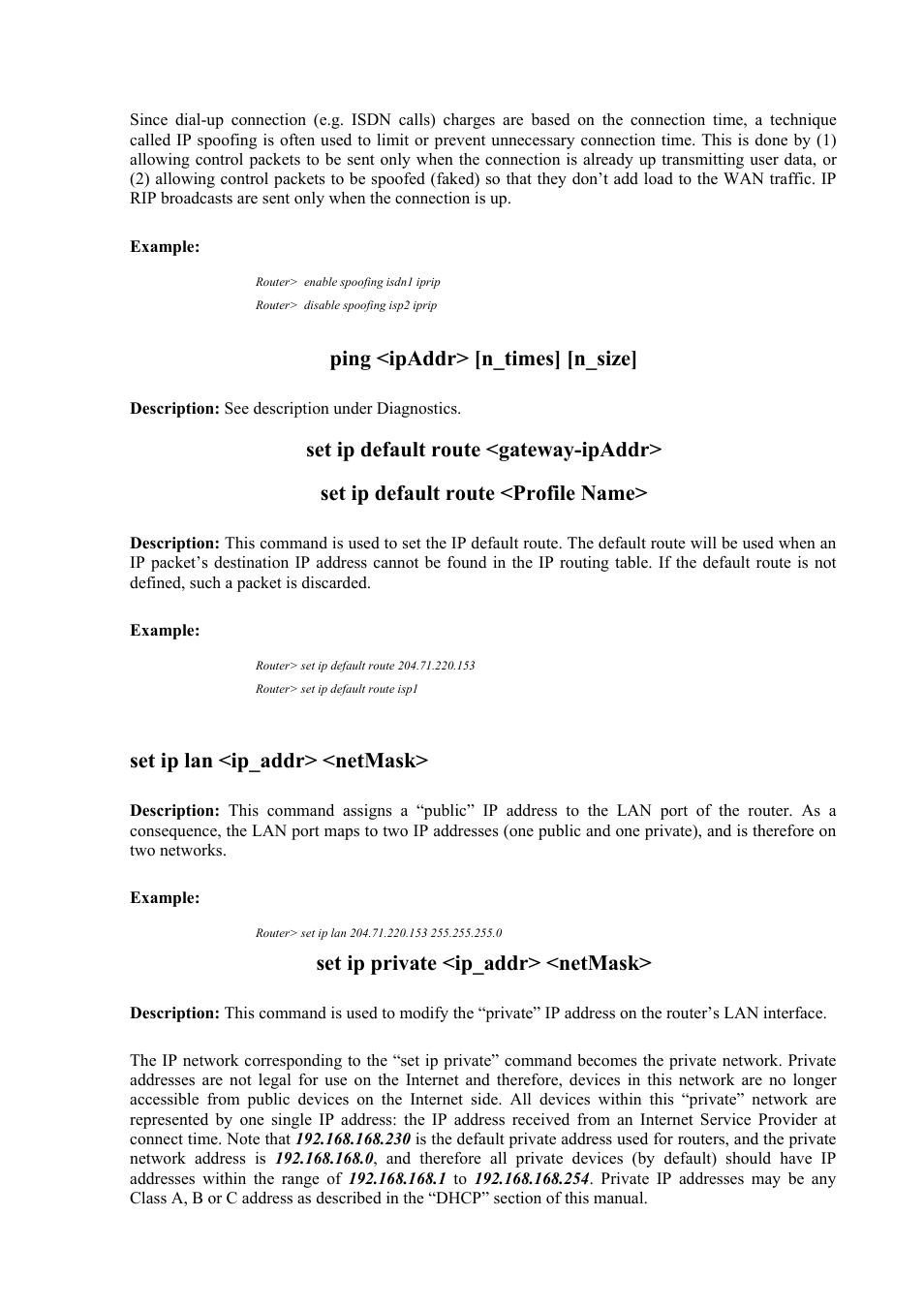 Ping <ipaddr> [n_times] [n_size, Set ip lan <ip_addr> <netmask, Set ip private <ip_addr> <netmask | Atlantis Land Mistral Lan Router ISDN User Manual | Page 26 / 48