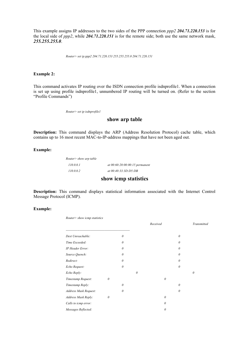 Show arp table, Show icmp statistics | Atlantis Land Mistral Lan Router ISDN User Manual | Page 28 / 48