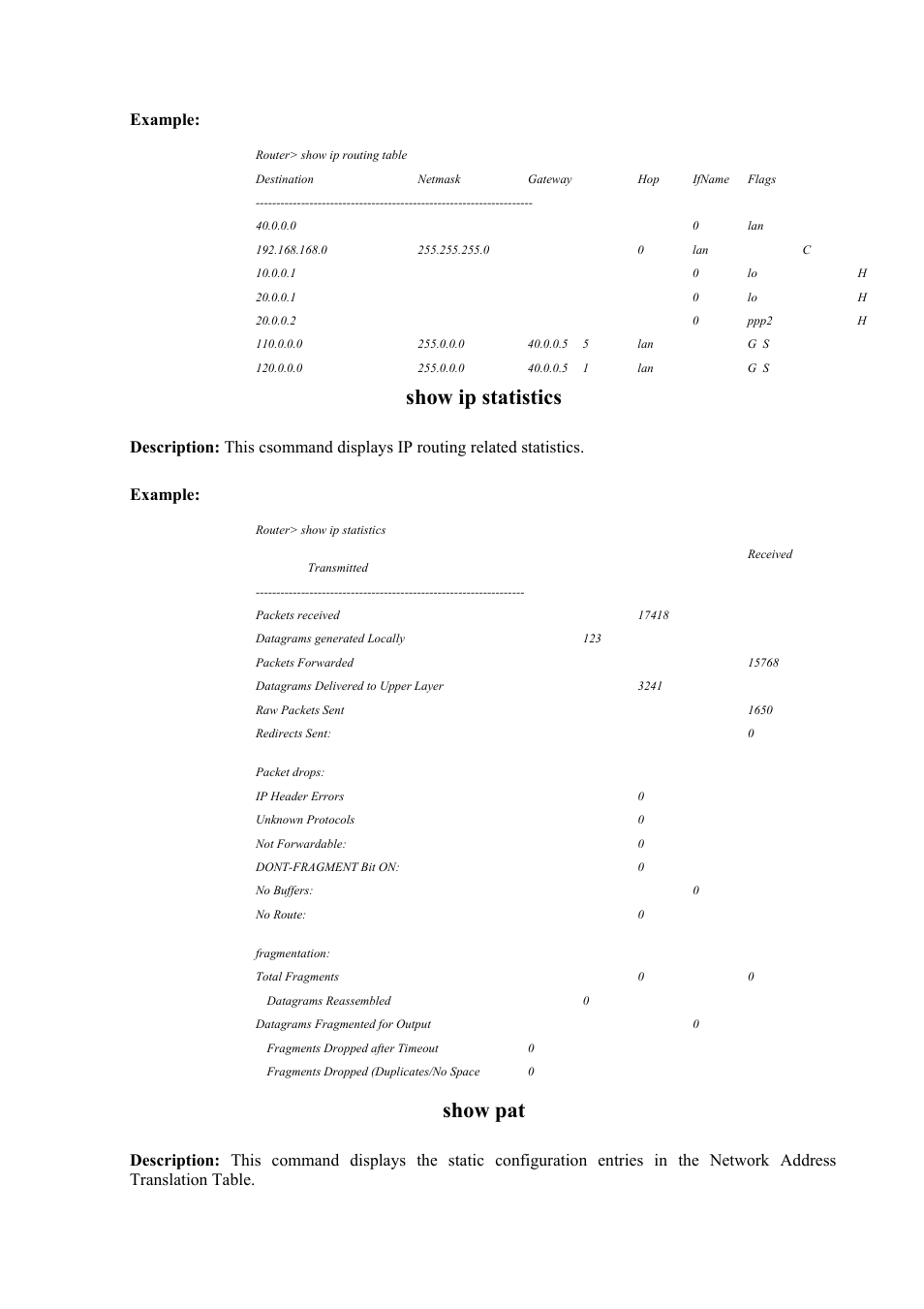 Show ip statistics, Show pat, Example | Atlantis Land Mistral Lan Router ISDN User Manual | Page 30 / 48