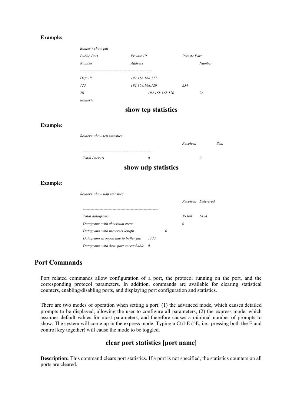 Show tcp statistics, Show udp statistics, Port commands | Clear port statistics [port name, Example | Atlantis Land Mistral Lan Router ISDN User Manual | Page 31 / 48