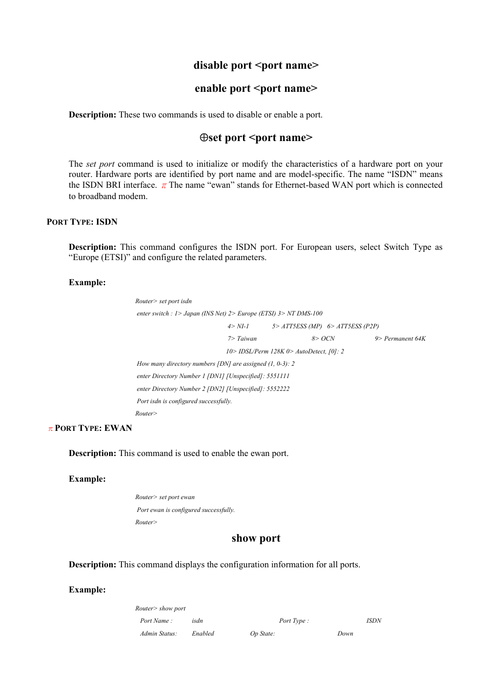 Disable port <port name> enable port <port name, Set port <port name, Show port | Atlantis Land Mistral Lan Router ISDN User Manual | Page 32 / 48