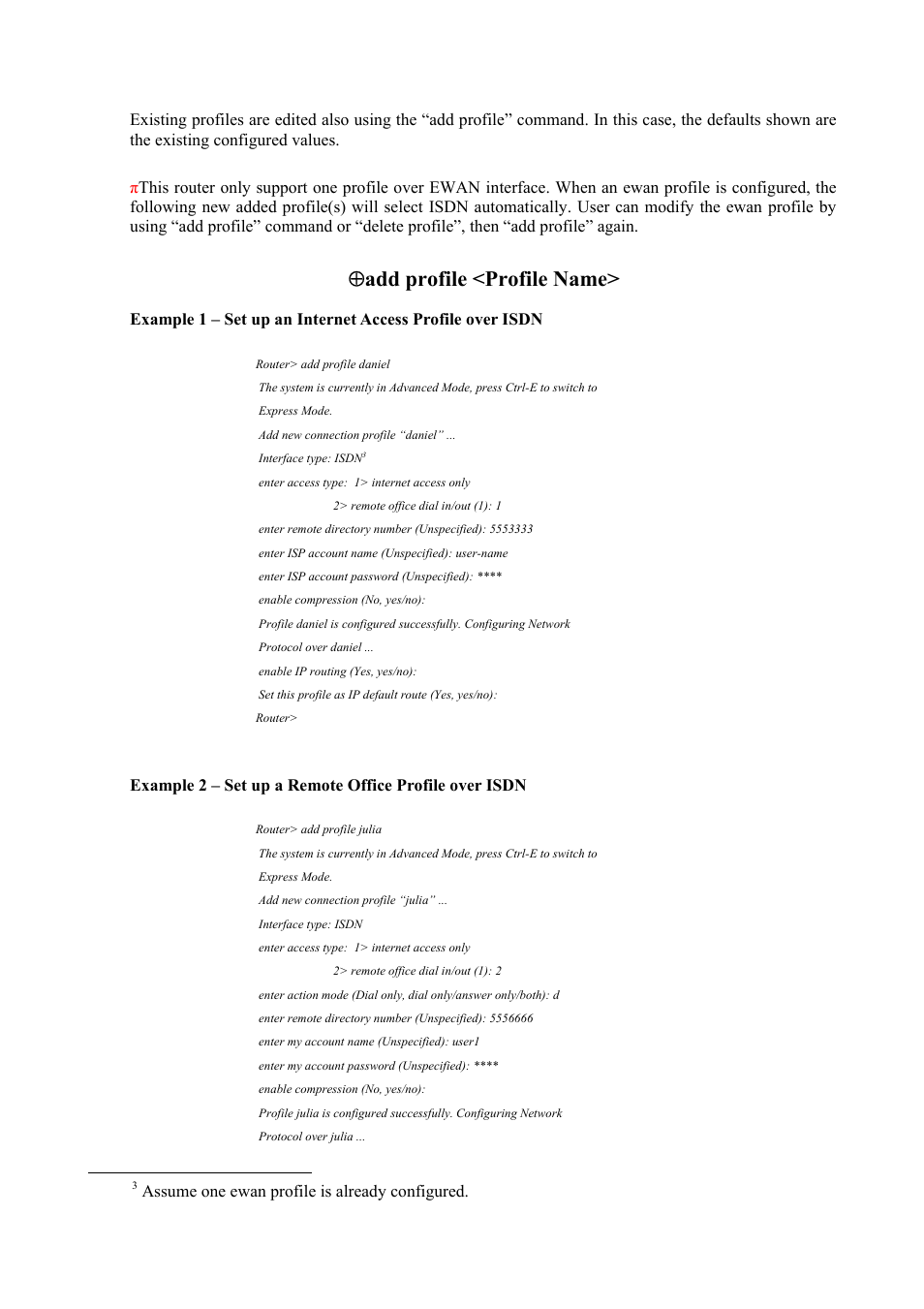Add profile <profile name, Assume one ewan profile is already configured | Atlantis Land Mistral Lan Router ISDN User Manual | Page 35 / 48