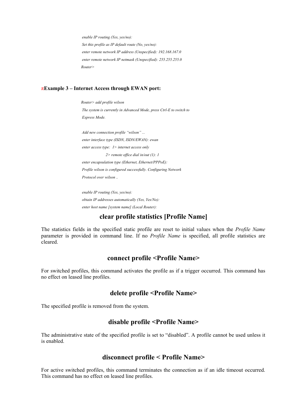 Clear profile statistics [profile name, Connect profile <profile name, Delete profile <profile name | Disable profile <profile name, Disconnect profile < profile name | Atlantis Land Mistral Lan Router ISDN User Manual | Page 36 / 48