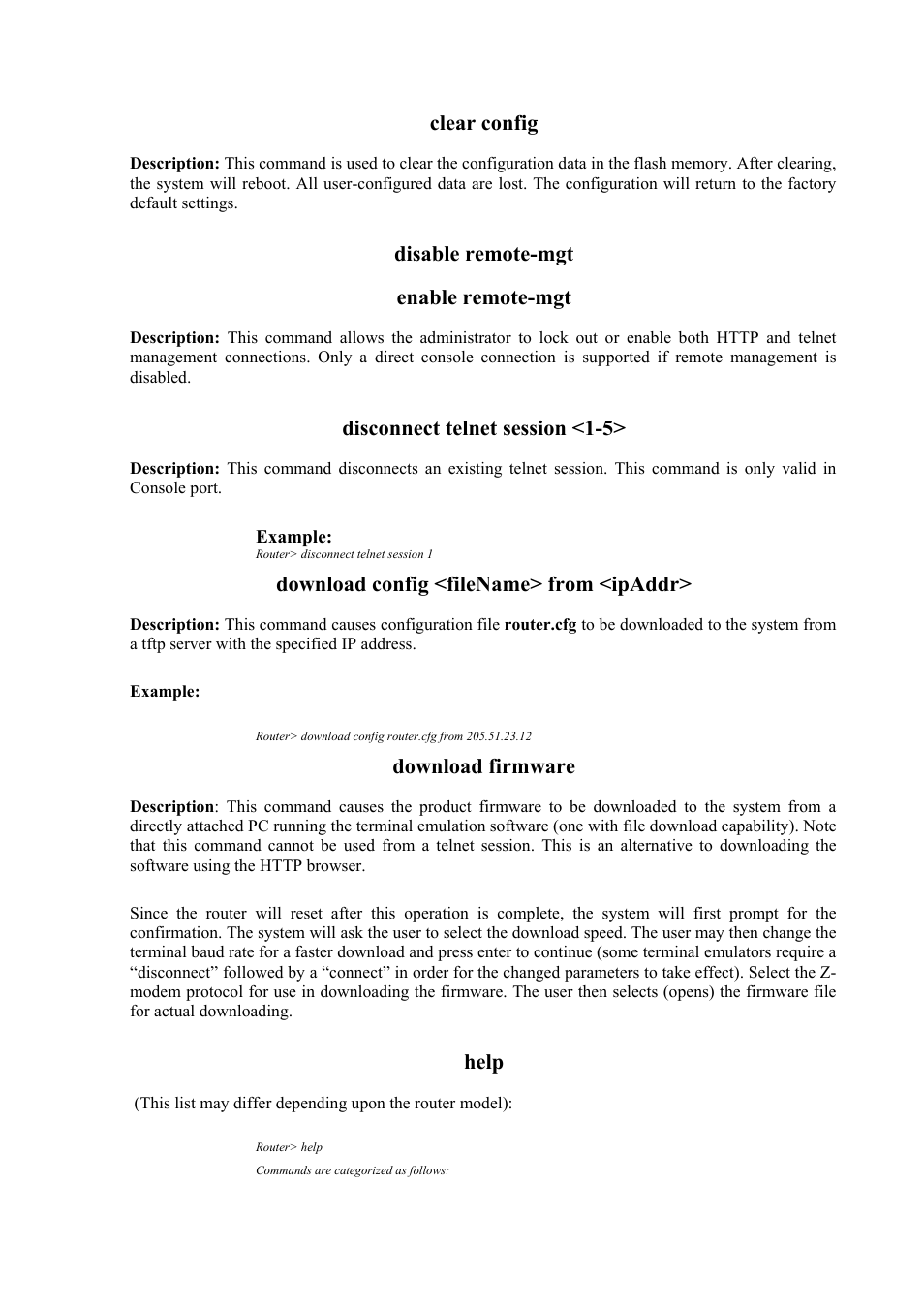 Clear config, Disable remote-mgt enable remote-mgt, Disconnect telnet session <1-5 | Download config <filename> from <ipaddr, Download firmware, Help | Atlantis Land Mistral Lan Router ISDN User Manual | Page 42 / 48
