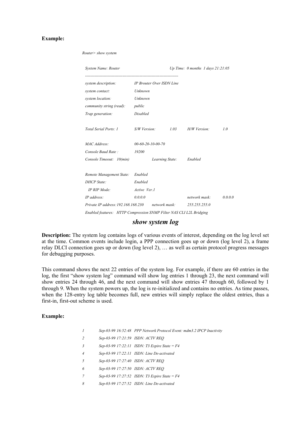 Show system log, Example | Atlantis Land Mistral Lan Router ISDN User Manual | Page 47 / 48