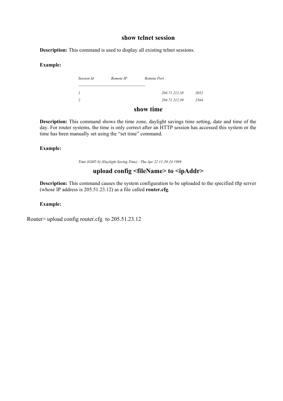 Show telnet session, Show time, Upload config <filename> to <ipaddr | Atlantis Land Mistral Lan Router ISDN User Manual | Page 48 / 48