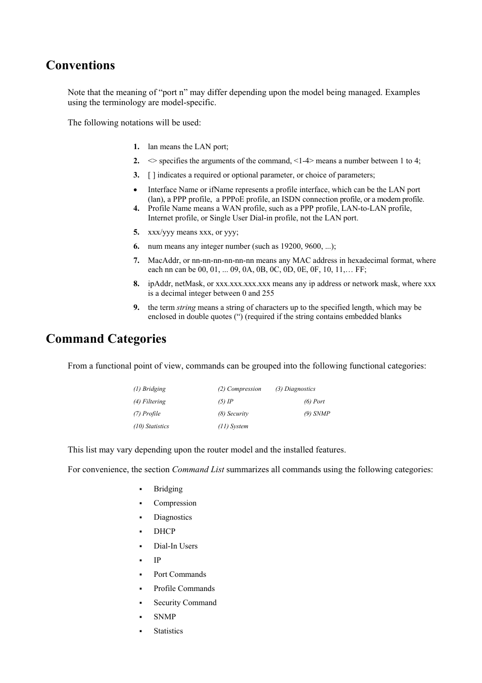 Conventions, Command categories | Atlantis Land Mistral Lan Router ISDN User Manual | Page 5 / 48