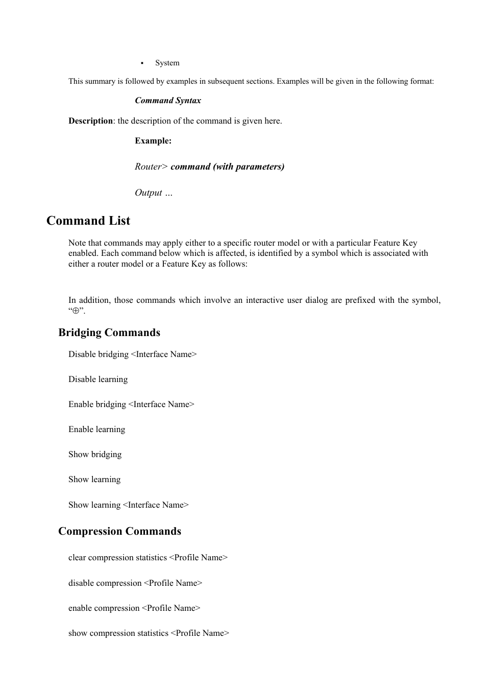 Command list, Bridging commands, Compression commands | Atlantis Land Mistral Lan Router ISDN User Manual | Page 6 / 48