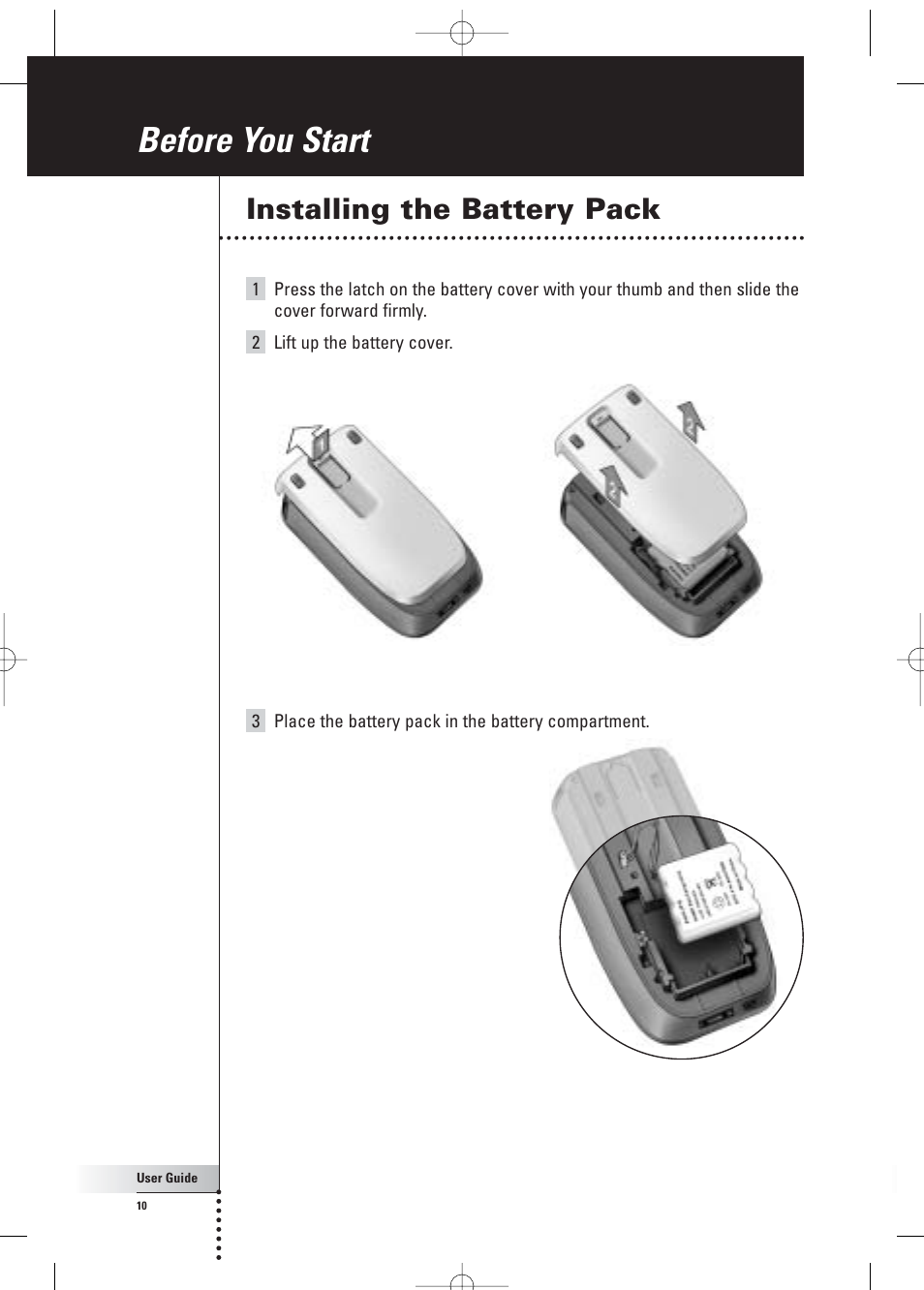 Before you start, Installing the battery pack | Philips Pronto Home Theater Control Panel TSU3500 User Manual | Page 10 / 70