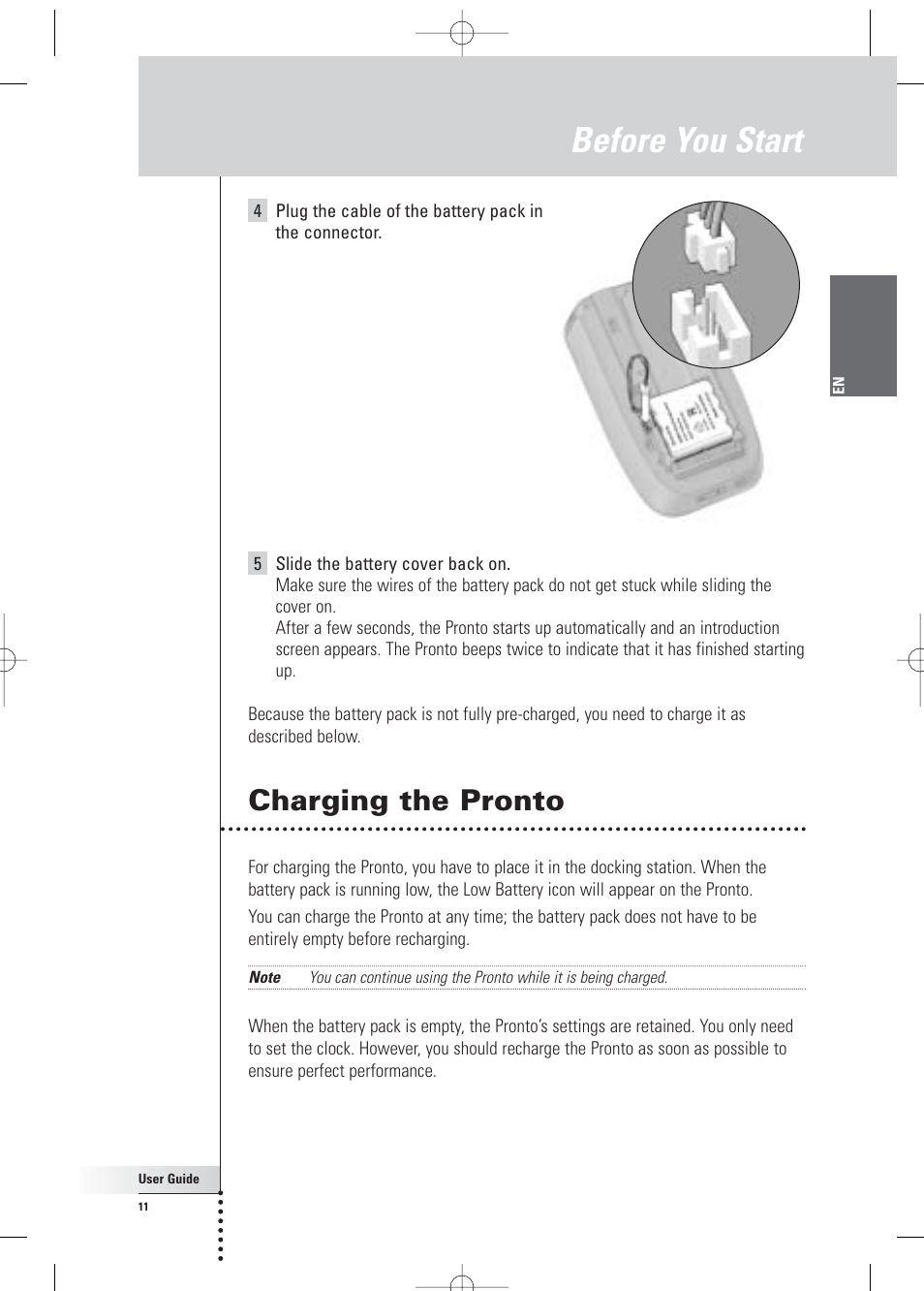 Before you start, Charging the pronto | Philips Pronto Home Theater Control Panel TSU3500 User Manual | Page 11 / 70