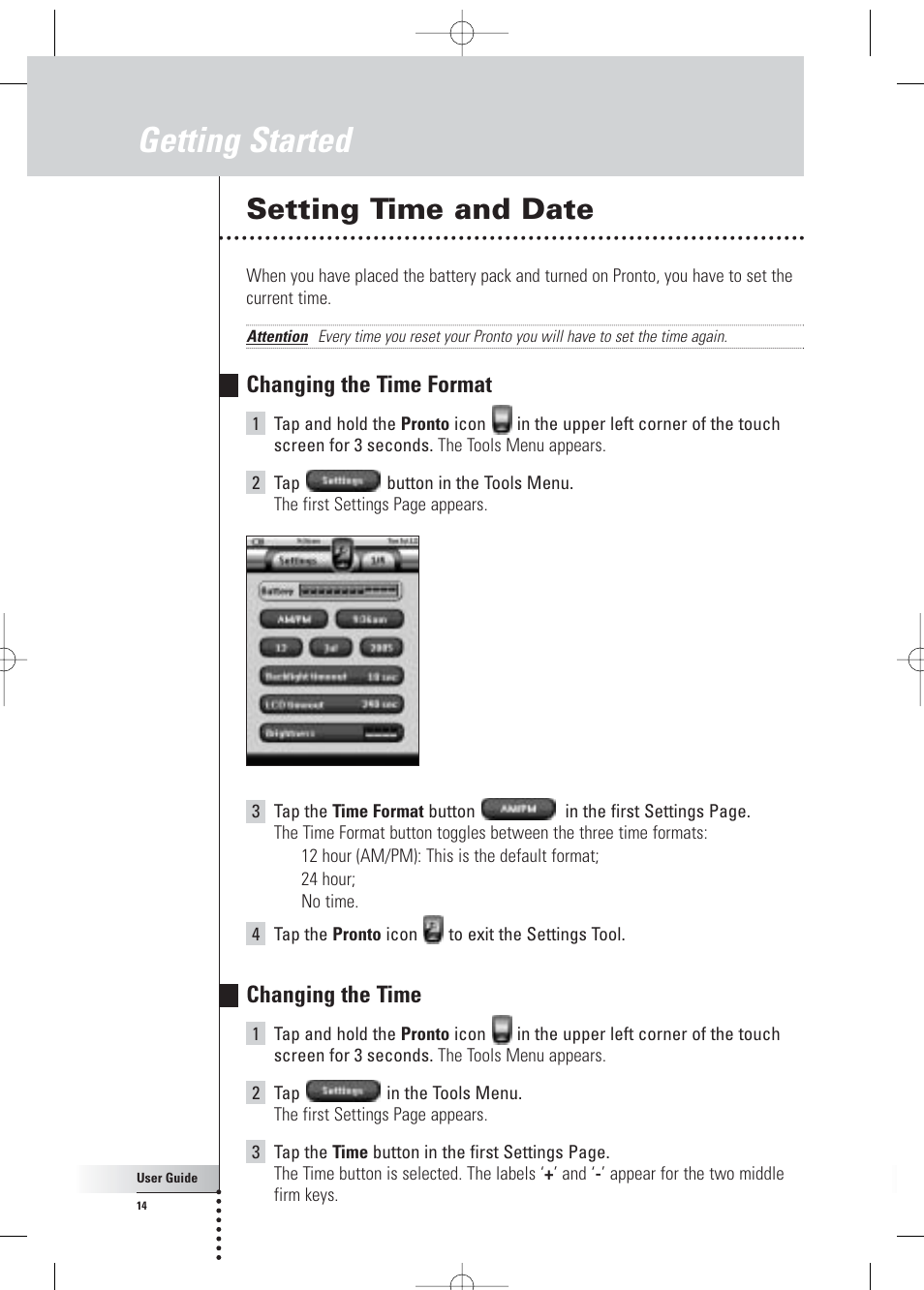 Getting started, Setting time and date, Changing the time format | Changing the time | Philips Pronto Home Theater Control Panel TSU3500 User Manual | Page 14 / 70