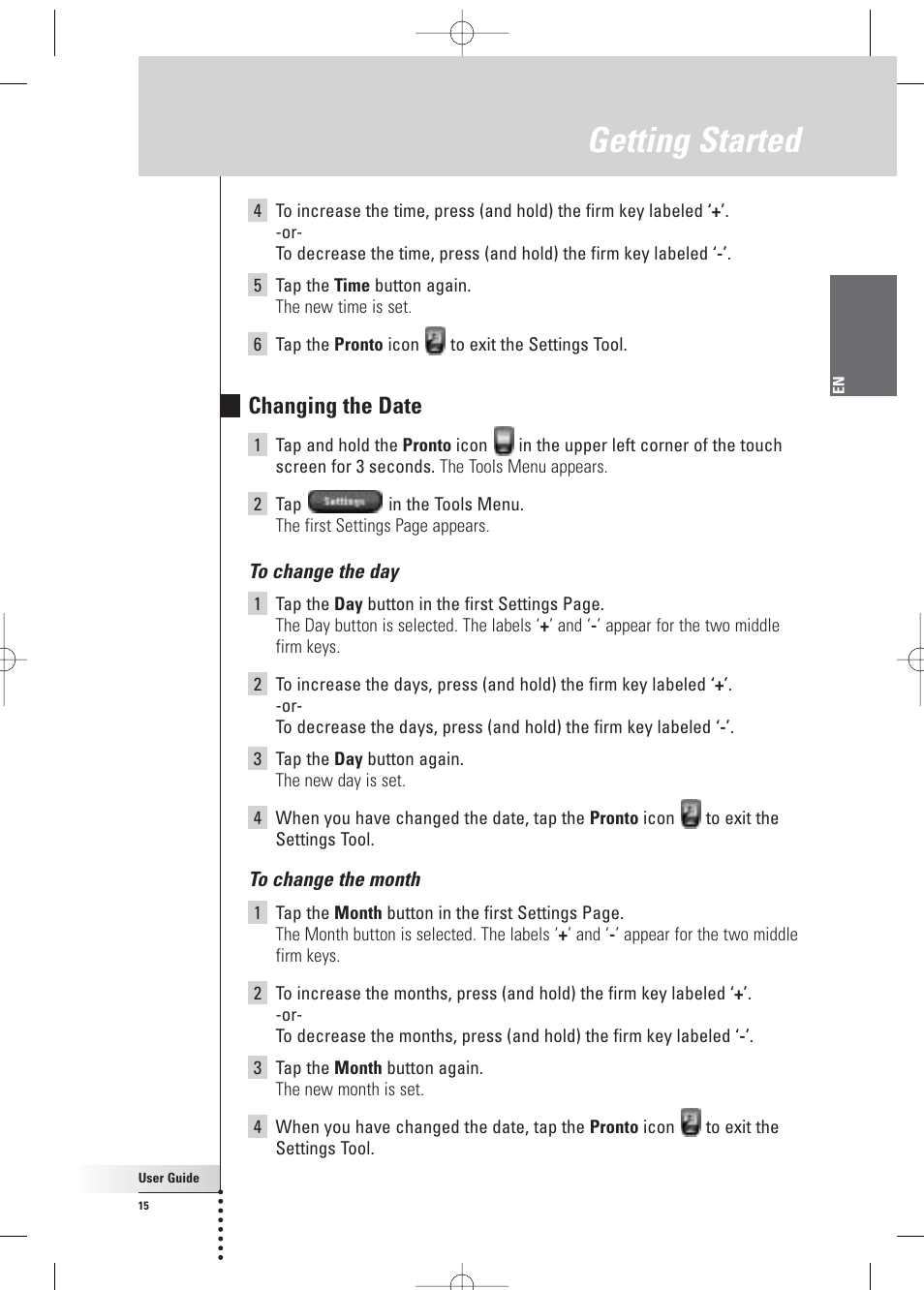 Getting started, Changing the date | Philips Pronto Home Theater Control Panel TSU3500 User Manual | Page 15 / 70