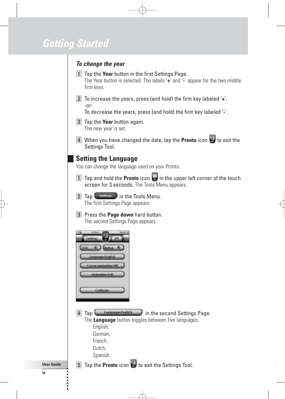 Getting started, Setting the language | Philips Pronto Home Theater Control Panel TSU3500 User Manual | Page 16 / 70