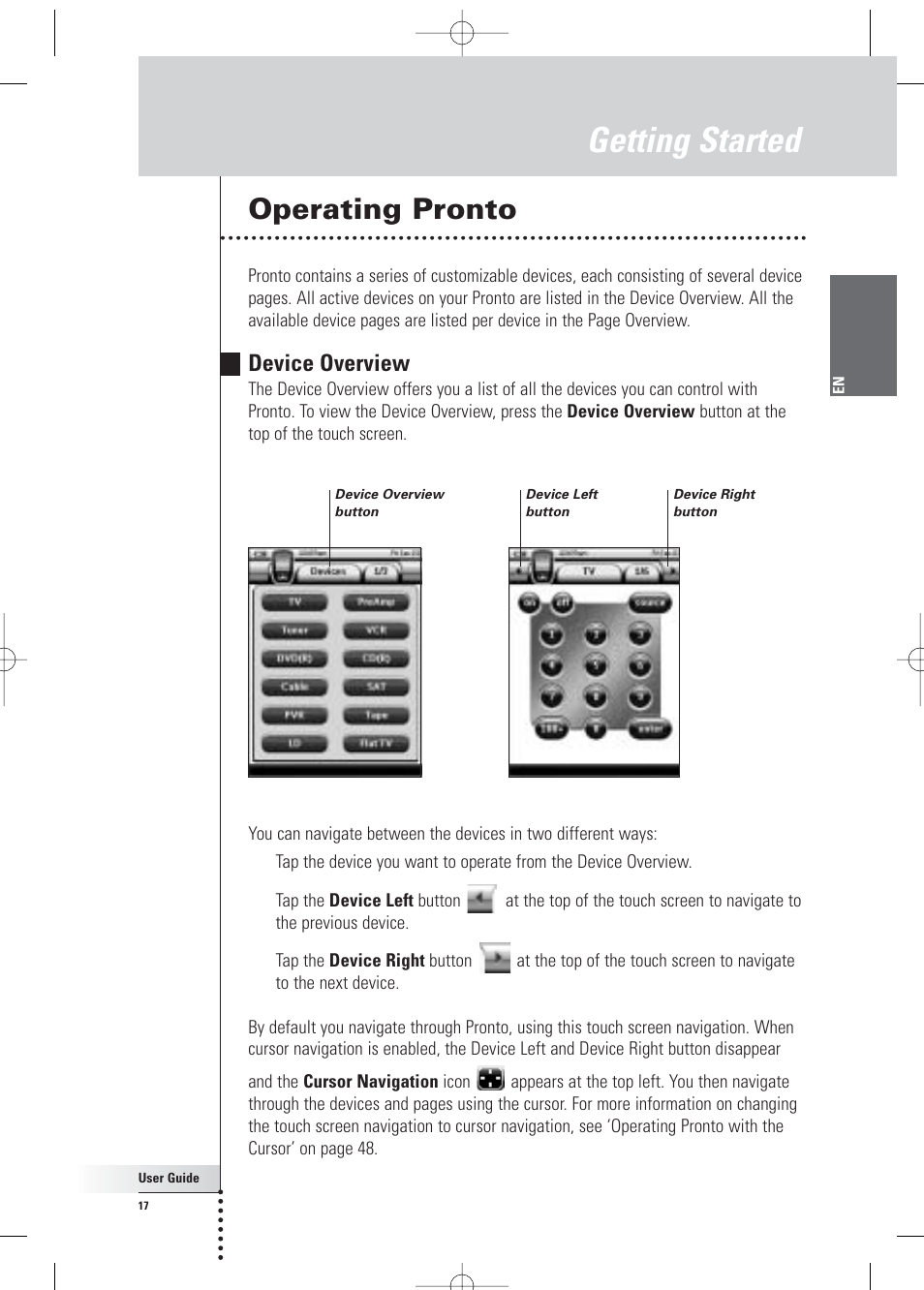 Getting started, Operating pronto, Device overview | Philips Pronto Home Theater Control Panel TSU3500 User Manual | Page 17 / 70