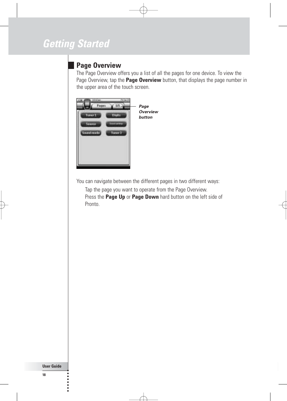 Getting started, Page overview | Philips Pronto Home Theater Control Panel TSU3500 User Manual | Page 18 / 70