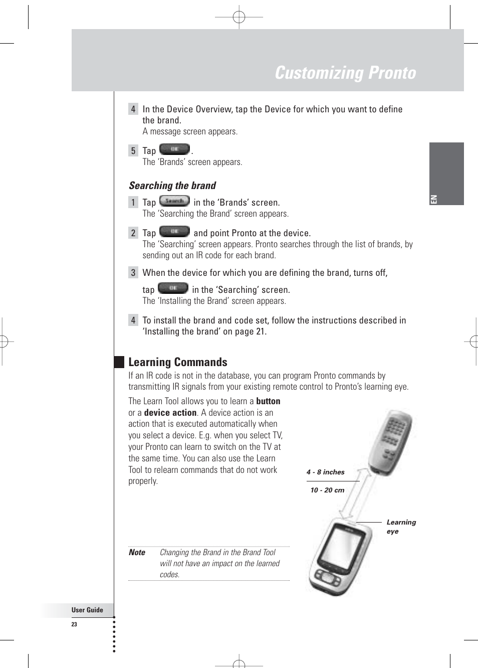 Customizing pronto, Learning commands | Philips Pronto Home Theater Control Panel TSU3500 User Manual | Page 23 / 70