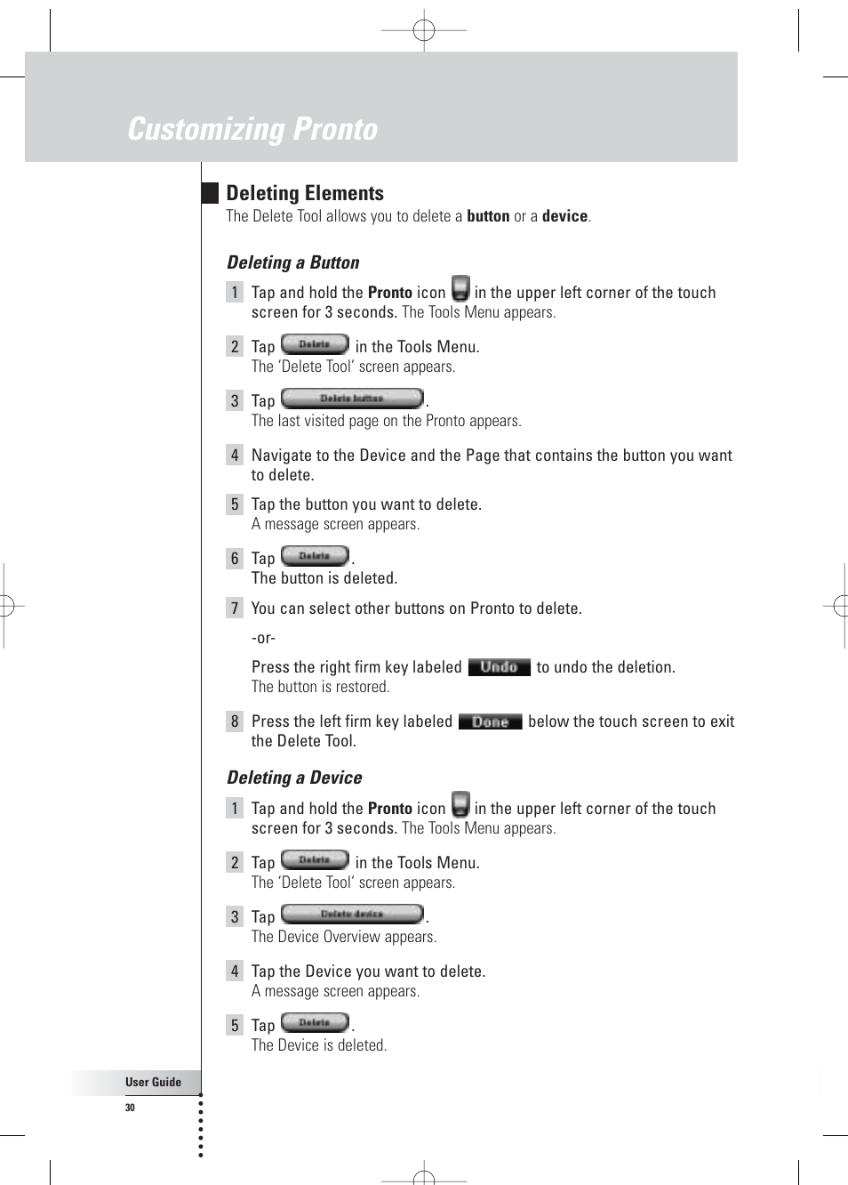 Customizing pronto, Deleting elements | Philips Pronto Home Theater Control Panel TSU3500 User Manual | Page 30 / 70