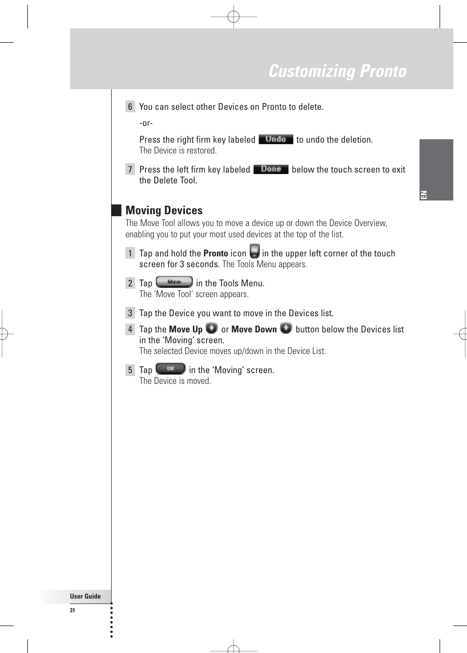 Customizing pronto, Moving devices | Philips Pronto Home Theater Control Panel TSU3500 User Manual | Page 31 / 70