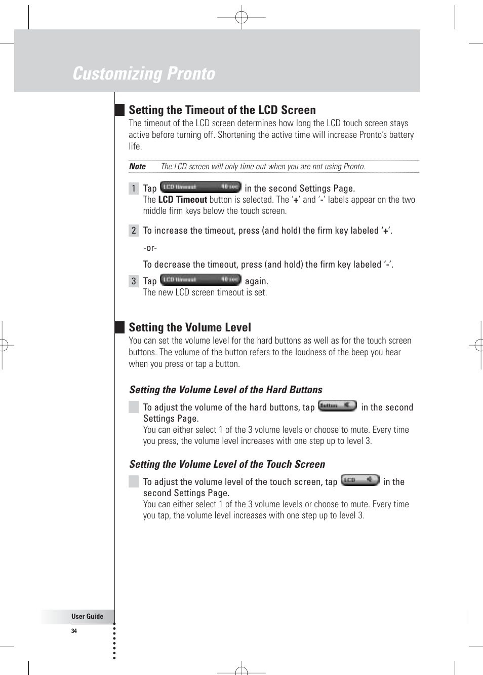 Customizing pronto, Setting the timeout of the lcd screen, Setting the volume level | Philips Pronto Home Theater Control Panel TSU3500 User Manual | Page 34 / 70