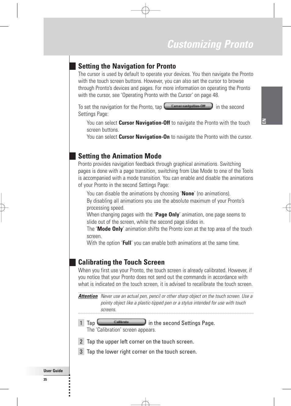 Customizing pronto, Setting the navigation for pronto, Setting the animation mode | Calibrating the touch screen | Philips Pronto Home Theater Control Panel TSU3500 User Manual | Page 35 / 70