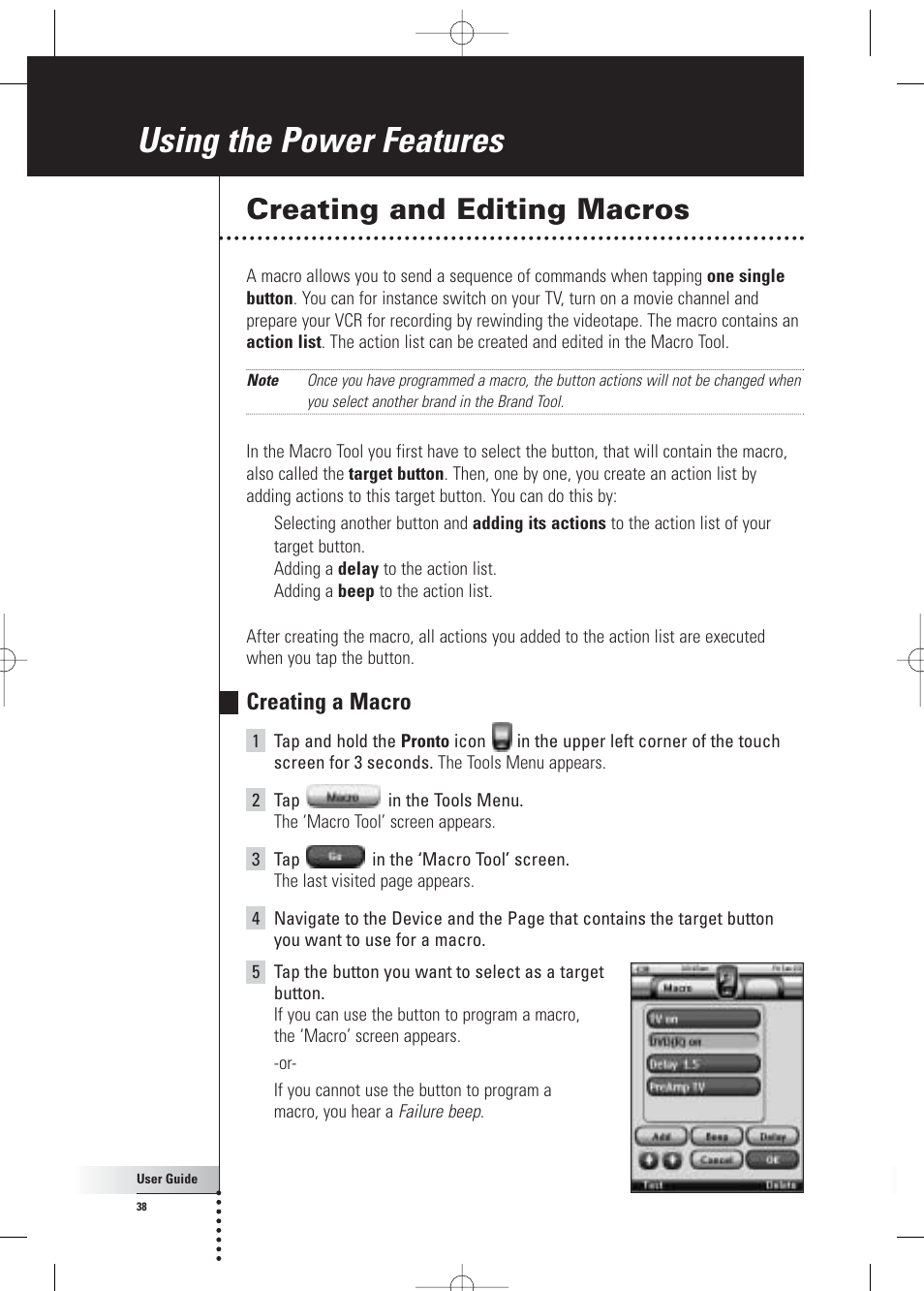 Using the power features, Creating and editing macros, Creating a macro | Philips Pronto Home Theater Control Panel TSU3500 User Manual | Page 38 / 70