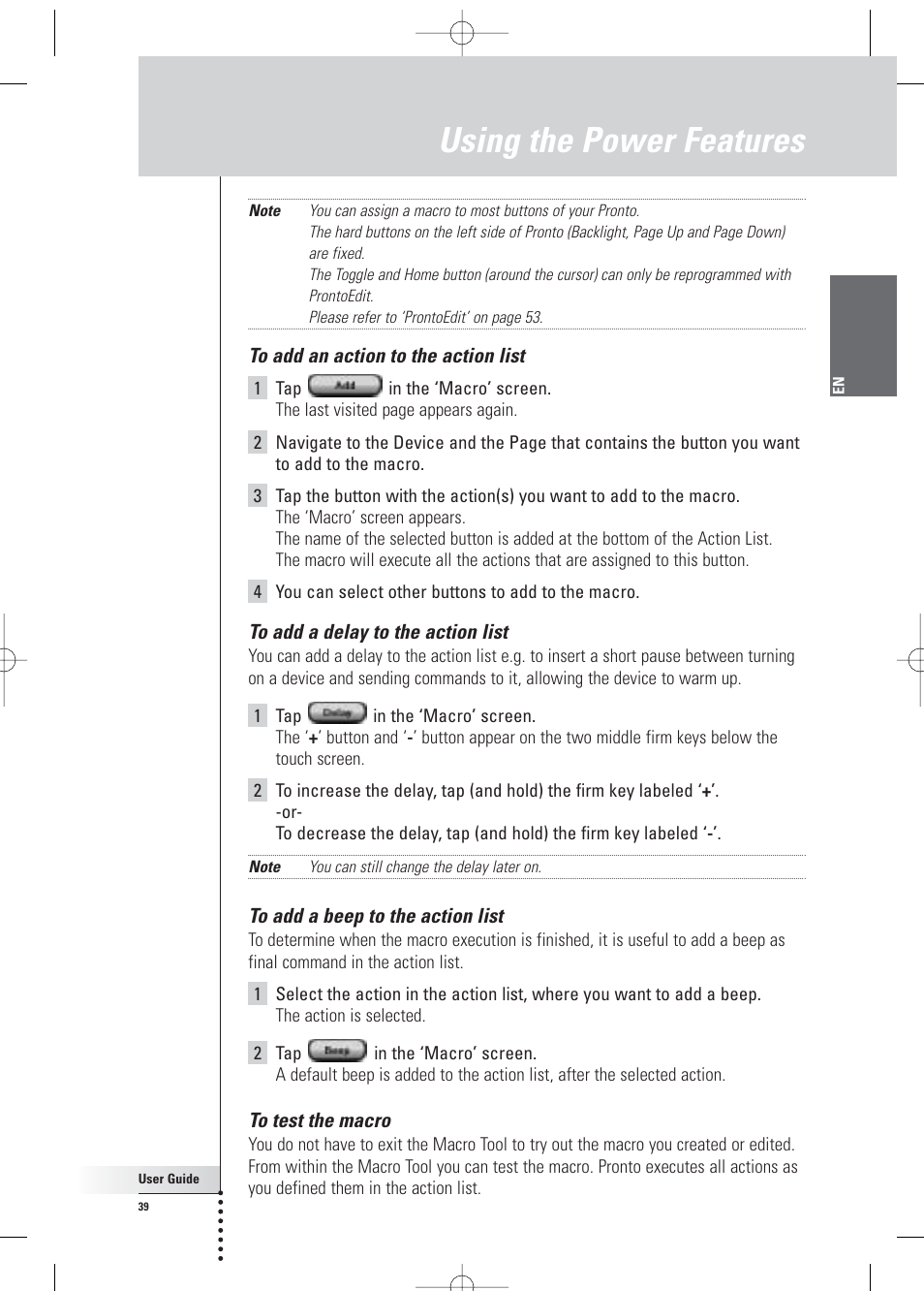 Using the power features | Philips Pronto Home Theater Control Panel TSU3500 User Manual | Page 39 / 70