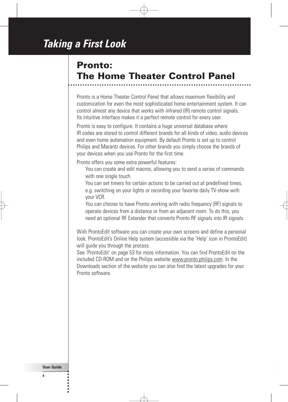 Taking a first look, Pronto: the home theater control panel | Philips Pronto Home Theater Control Panel TSU3500 User Manual | Page 4 / 70