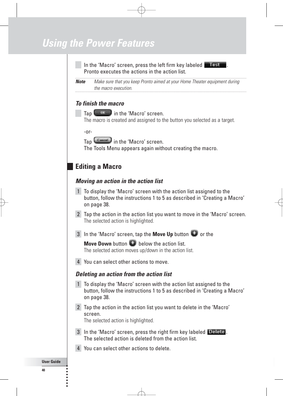 Using the power features, Editing a macro | Philips Pronto Home Theater Control Panel TSU3500 User Manual | Page 40 / 70