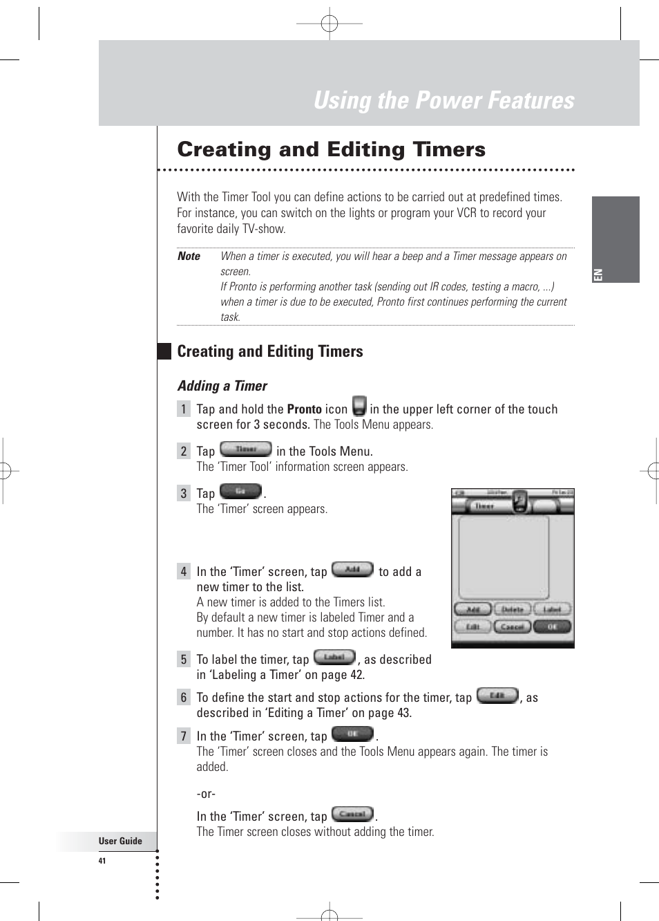 Using the power features, Creating and editing timers | Philips Pronto Home Theater Control Panel TSU3500 User Manual | Page 41 / 70