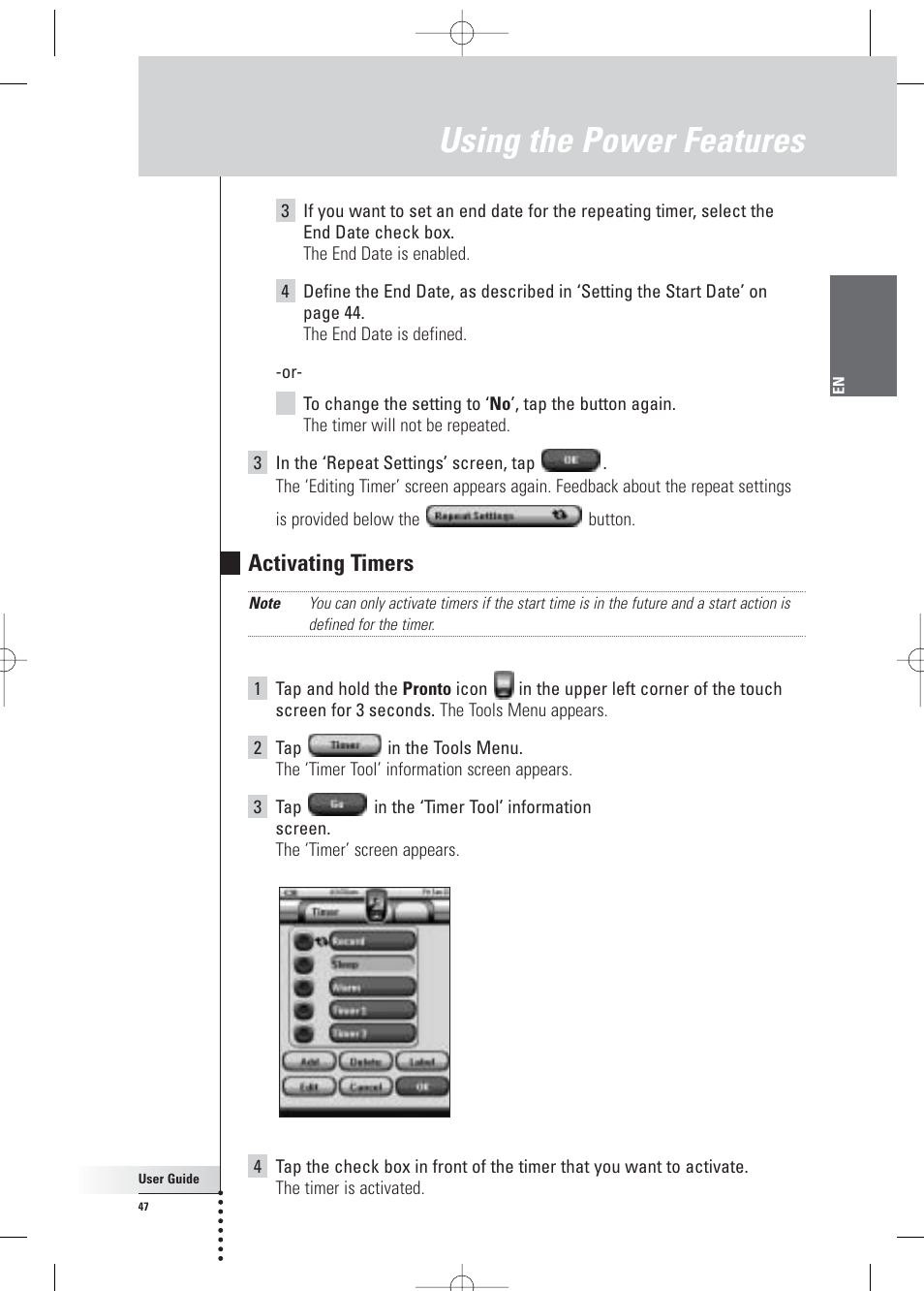 Using the power features, Activating timers | Philips Pronto Home Theater Control Panel TSU3500 User Manual | Page 47 / 70