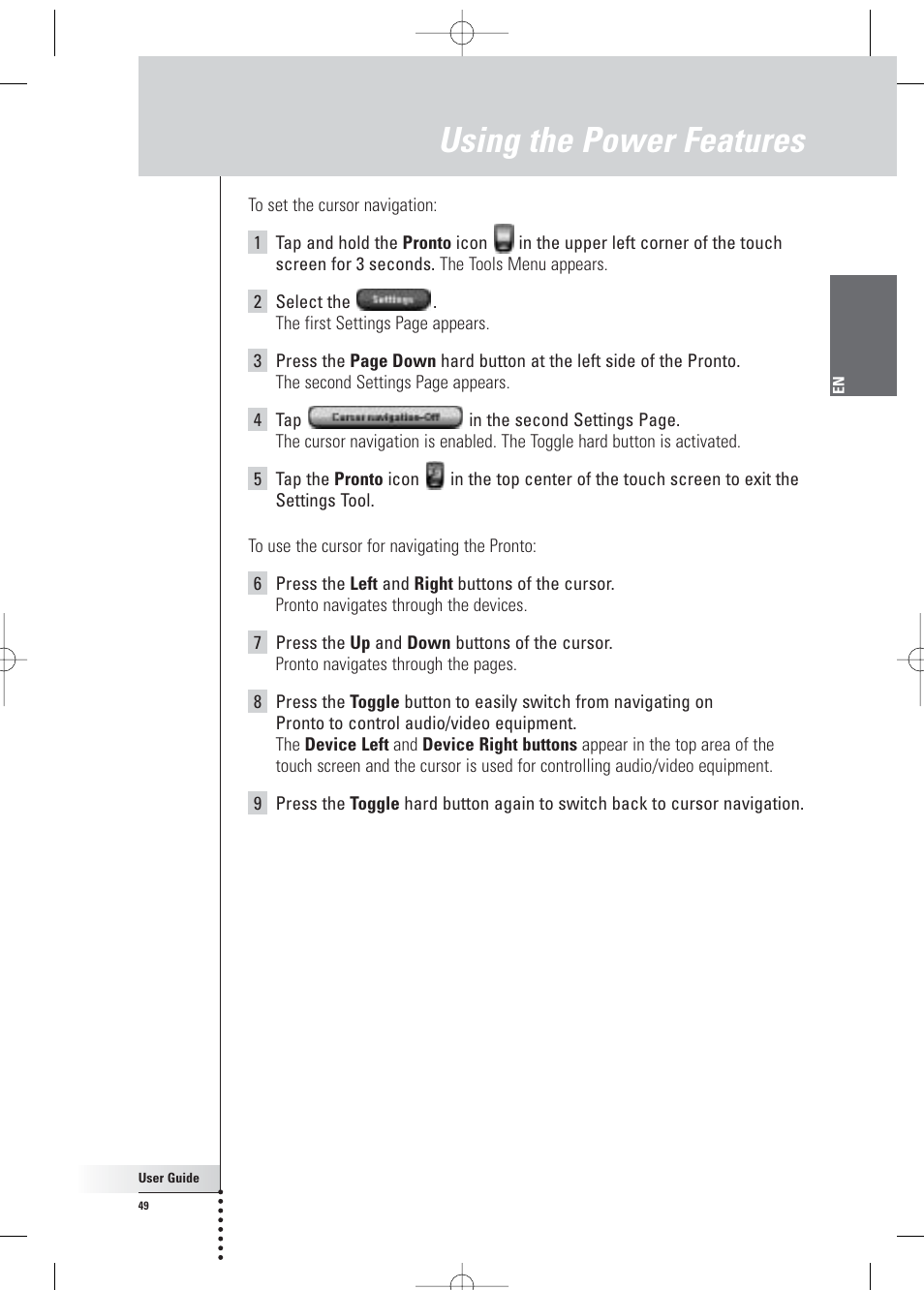 Using the power features | Philips Pronto Home Theater Control Panel TSU3500 User Manual | Page 49 / 70