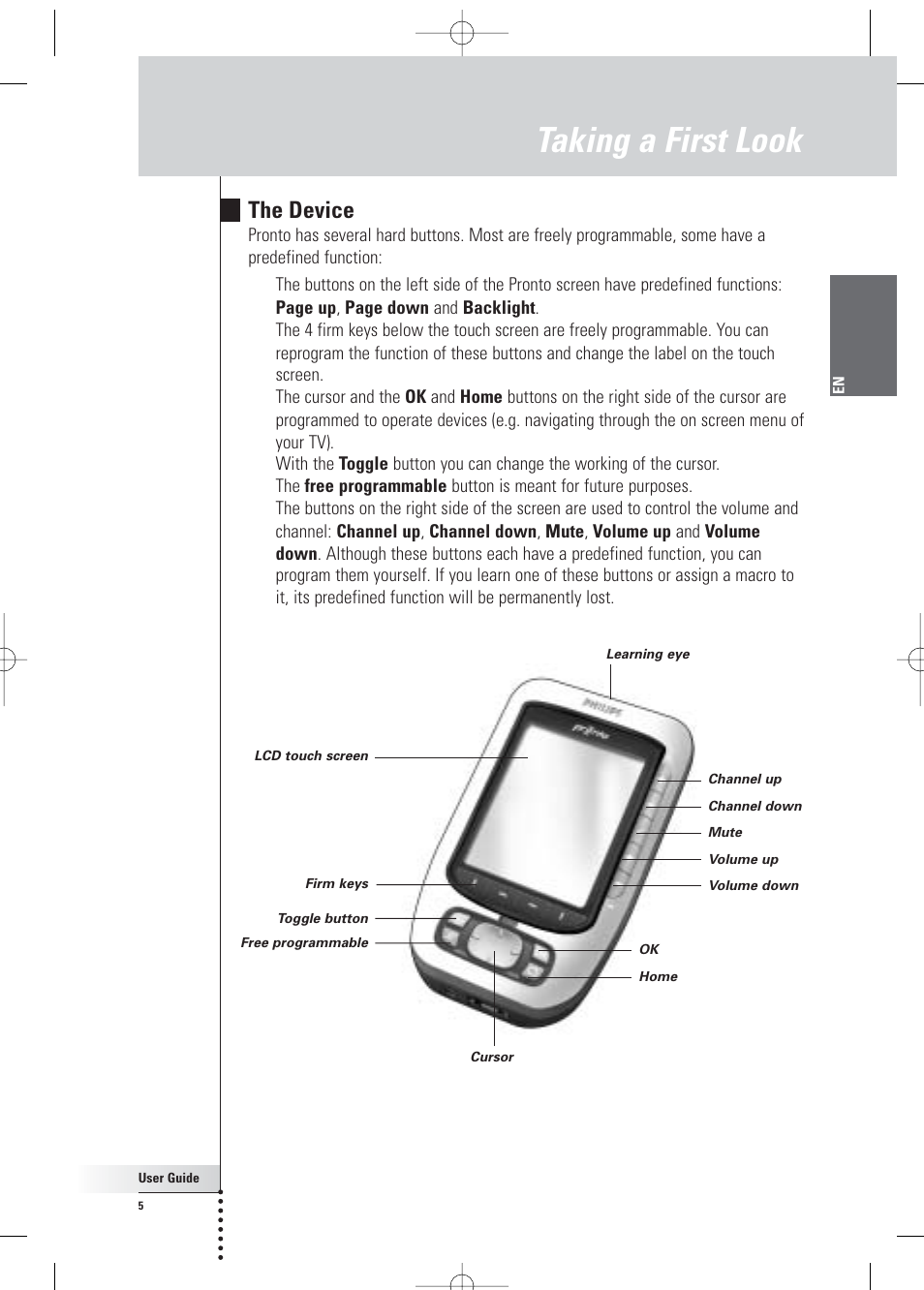 Taking a first look, The device | Philips Pronto Home Theater Control Panel TSU3500 User Manual | Page 5 / 70