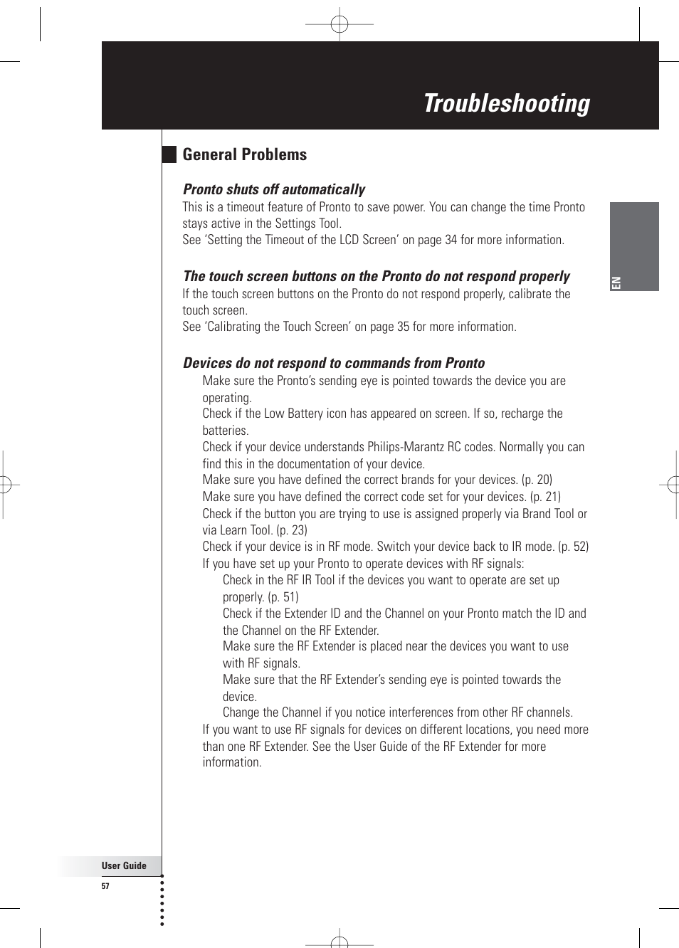 Troubleshooting, General problems, Pronto shuts off automatically | Devices do not respond to commands from pronto | Philips Pronto Home Theater Control Panel TSU3500 User Manual | Page 57 / 70