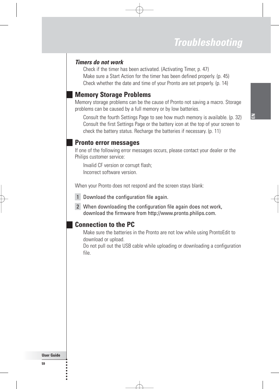 Troubleshooting, Pronto error messages, Connection to the pc | Philips Pronto Home Theater Control Panel TSU3500 User Manual | Page 59 / 70