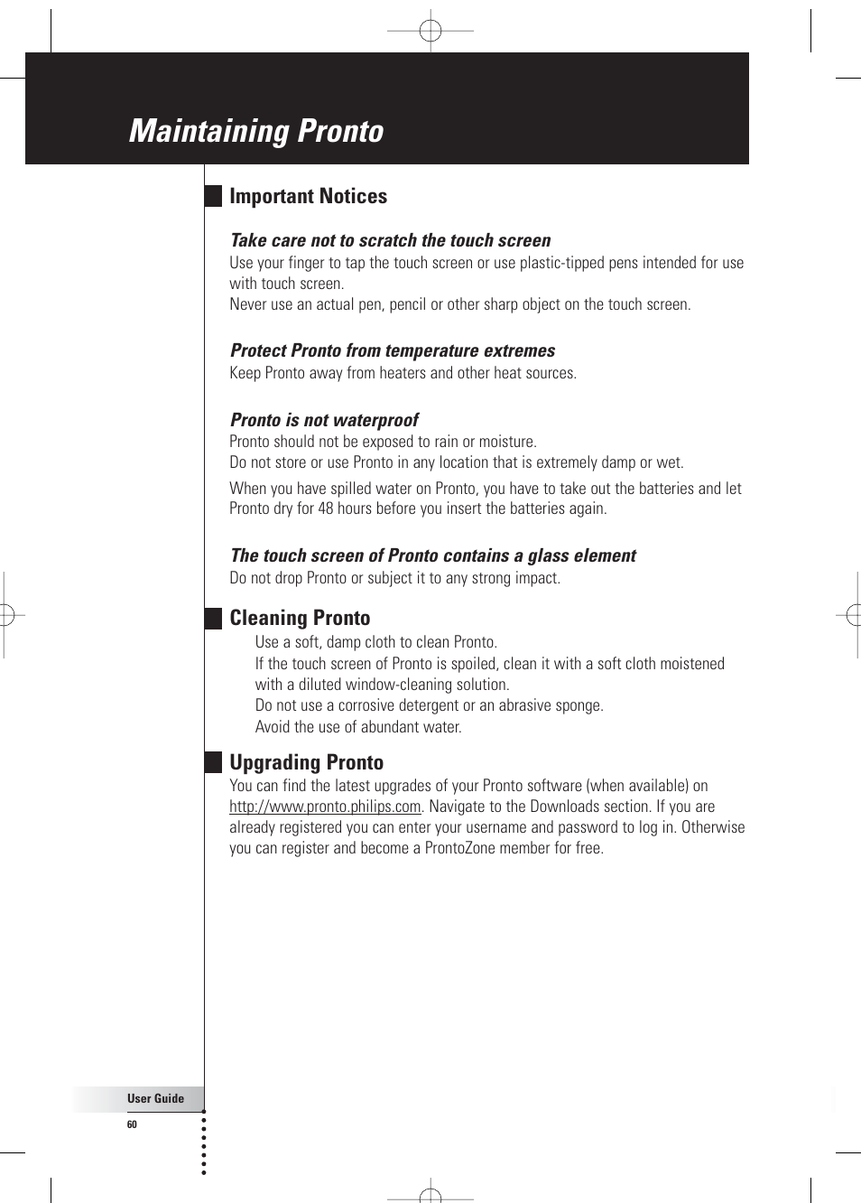 Maintaining pronto, Important notices, Cleaning pronto | Upgrading pronto | Philips Pronto Home Theater Control Panel TSU3500 User Manual | Page 60 / 70