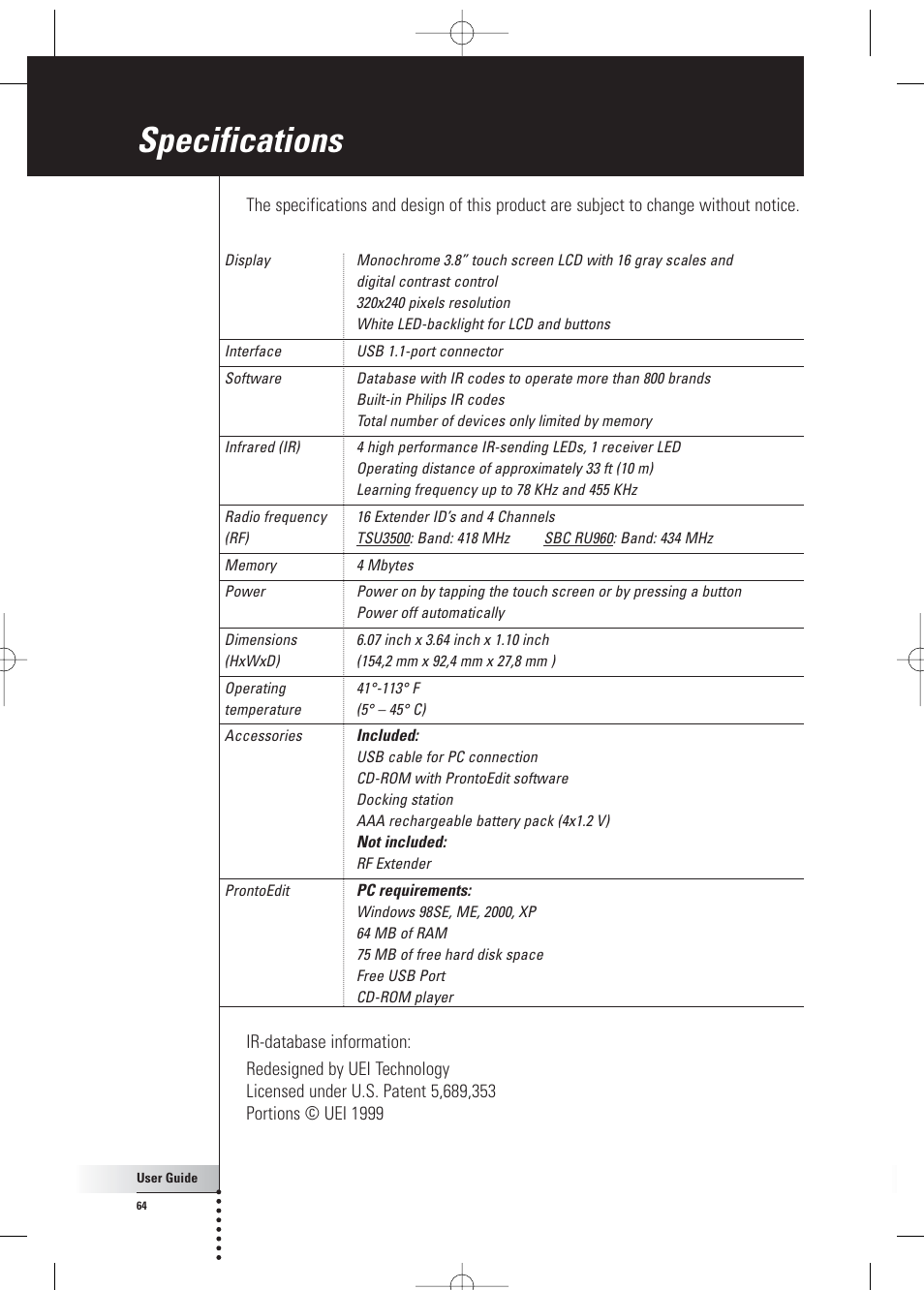 Specifications | Philips Pronto Home Theater Control Panel TSU3500 User Manual | Page 64 / 70