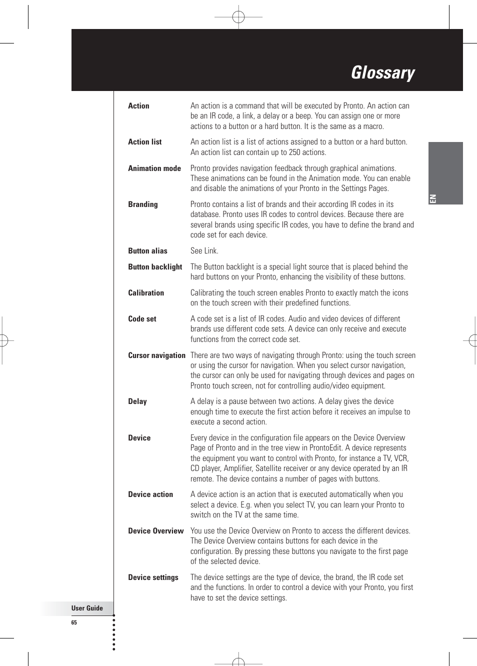 Glossary | Philips Pronto Home Theater Control Panel TSU3500 User Manual | Page 65 / 70