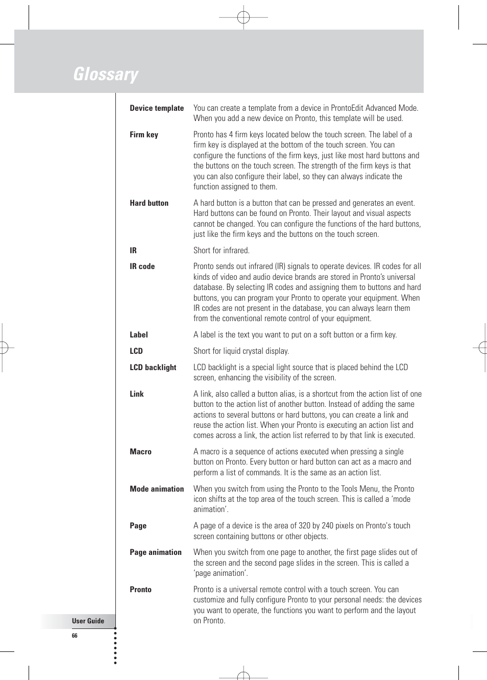 Glossary | Philips Pronto Home Theater Control Panel TSU3500 User Manual | Page 66 / 70