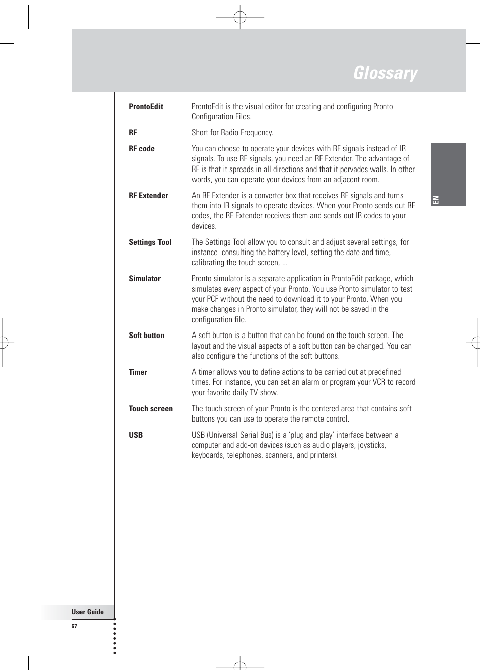 Glossary | Philips Pronto Home Theater Control Panel TSU3500 User Manual | Page 67 / 70