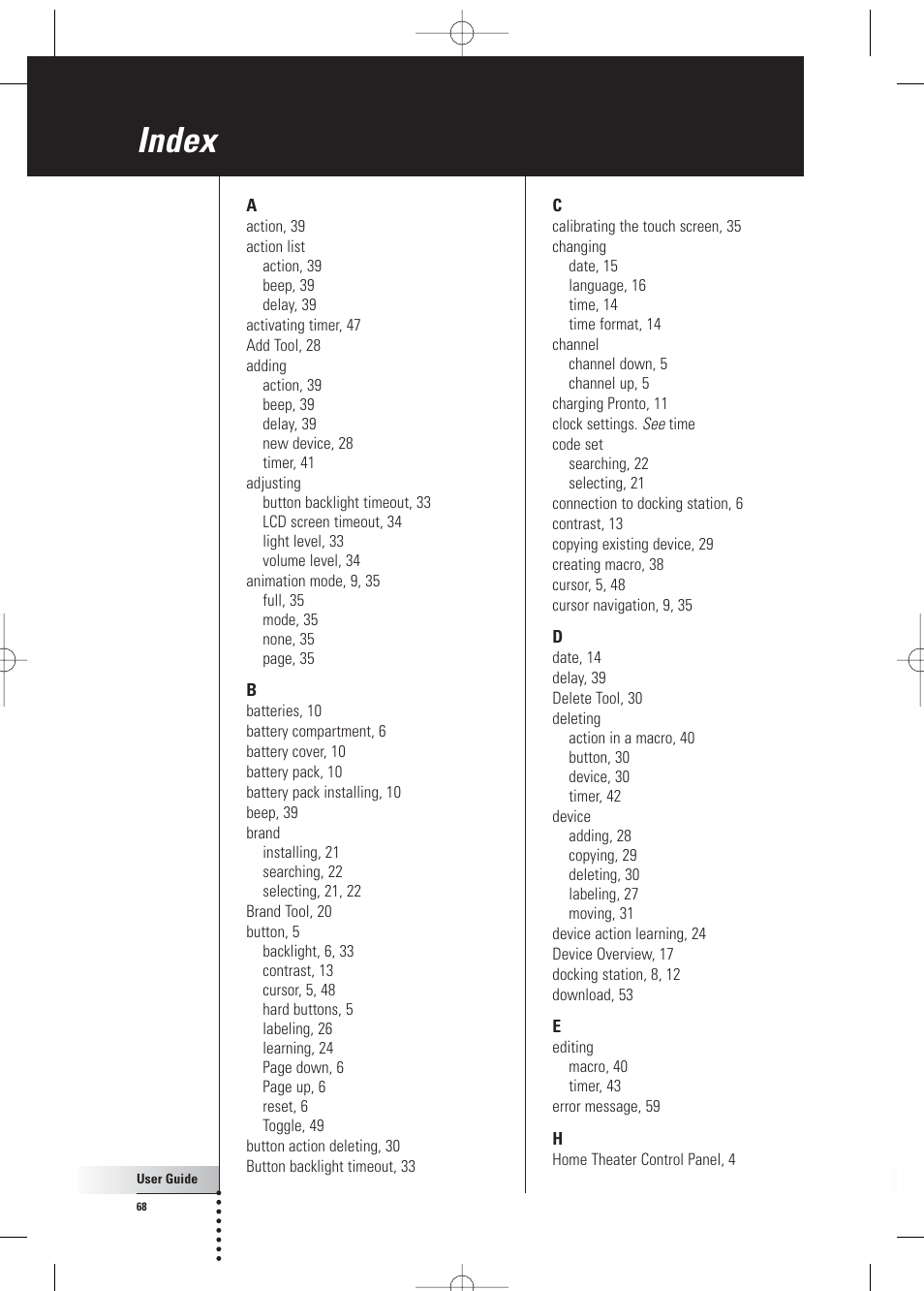 Index | Philips Pronto Home Theater Control Panel TSU3500 User Manual | Page 68 / 70