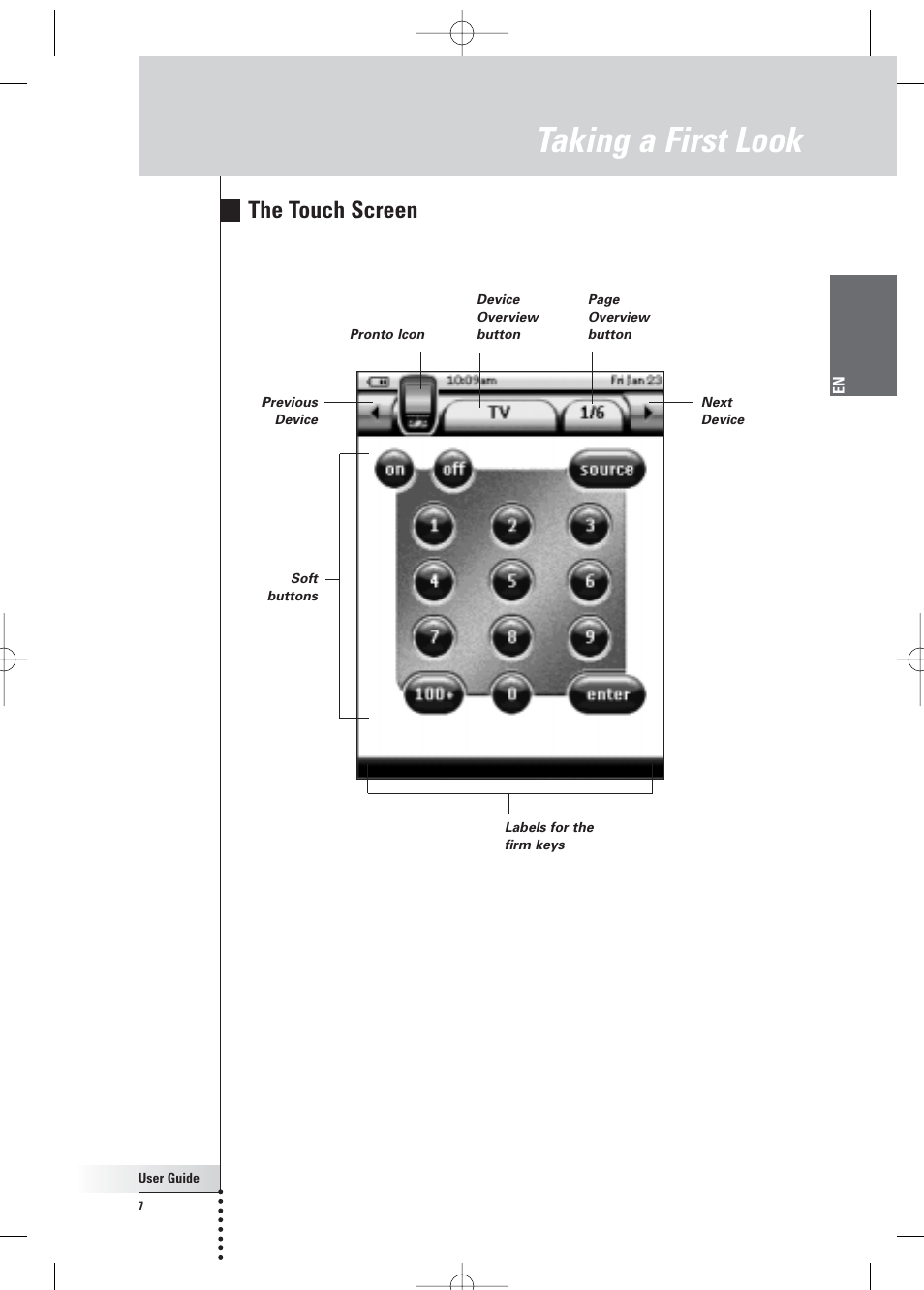 Taking a first look, The touch screen | Philips Pronto Home Theater Control Panel TSU3500 User Manual | Page 7 / 70