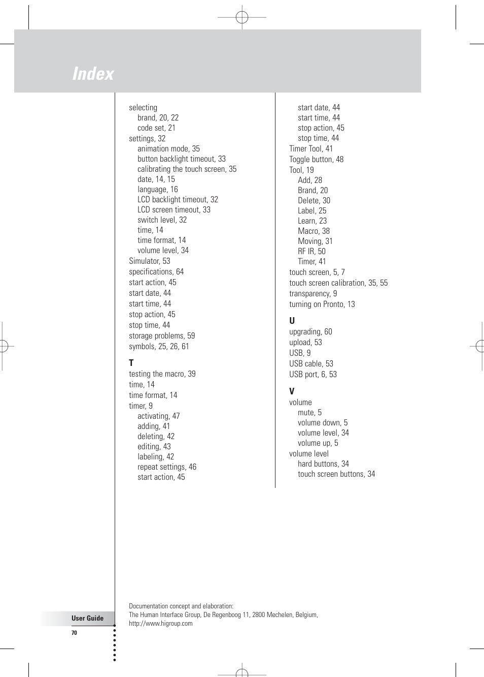 Index | Philips Pronto Home Theater Control Panel TSU3500 User Manual | Page 70 / 70