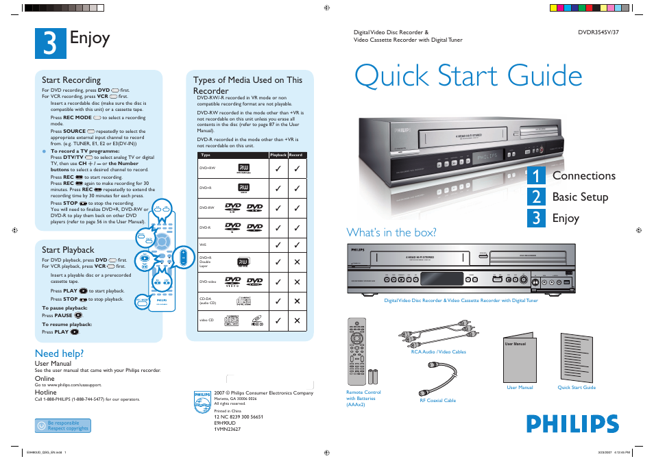 Philips DVDR3545V-37B User Manual | 2 pages