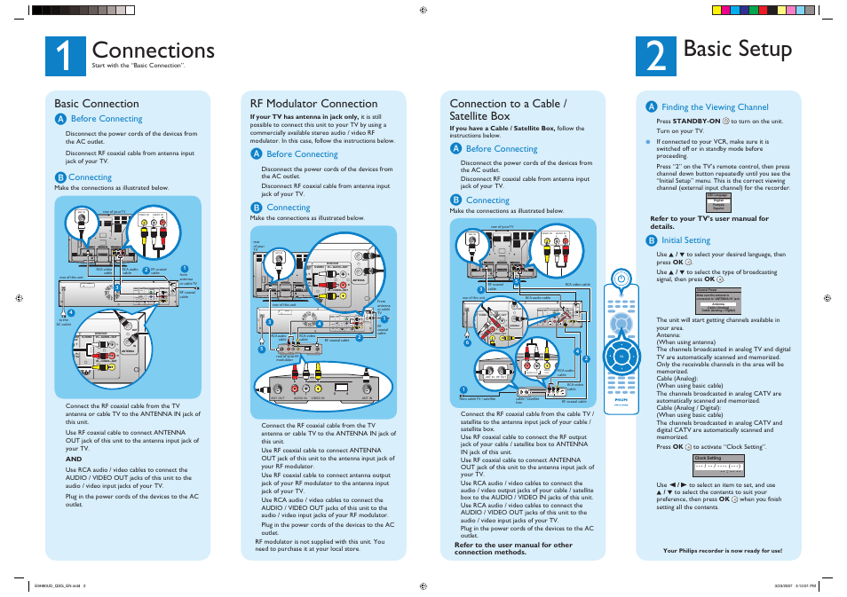 Connections, Basic setup, Basic connection a | Rf modulator connection, Connection to a cable / satellite box | Philips DVDR3545V-37B User Manual | Page 2 / 2