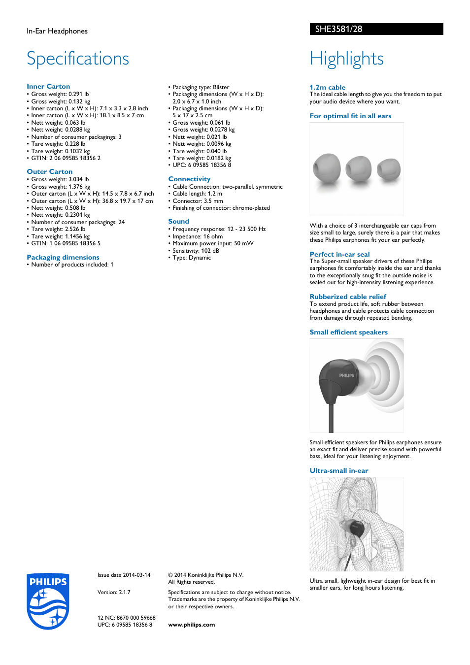 Specifications, Highlights | Philips SHE3581-28 User Manual | Page 2 / 2
