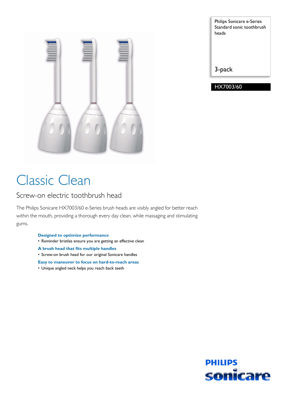 Philips Sonicare e-Series Standard sonic toothbrush heads HX7003-60 3-pack User Manual | 2 pages